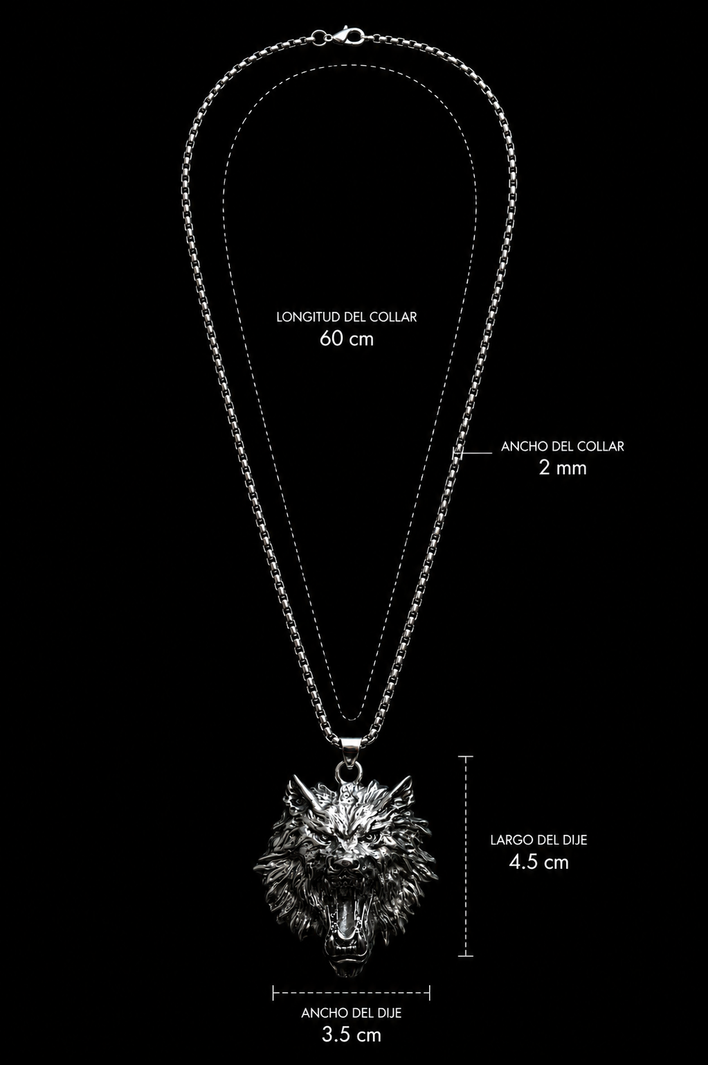 Collar Cabeza de Lobo Imperial en Acero Inoxidable para Hombre